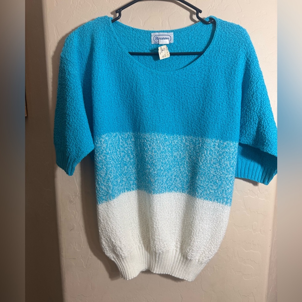 Vintage Brunny Blue White Colorblock Short Sleeve Acrylic Knit Sweater USA Made